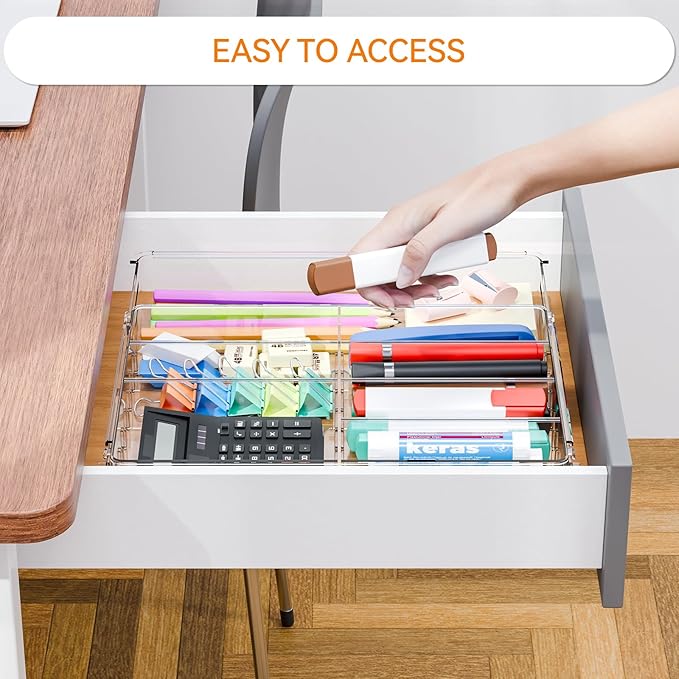 Yieach Expandable Desk Drawer Organizer Tray,1.8 Inch High Junk Drawer Organizer for Kitchen,Clear Shallow Office Drawer Orga