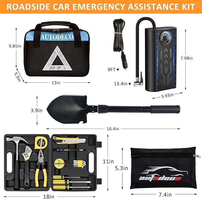 AUTODECO 105 PCS Roadside Car Emergency Assistance Kit with Portable Air Compressor Jumper Cables