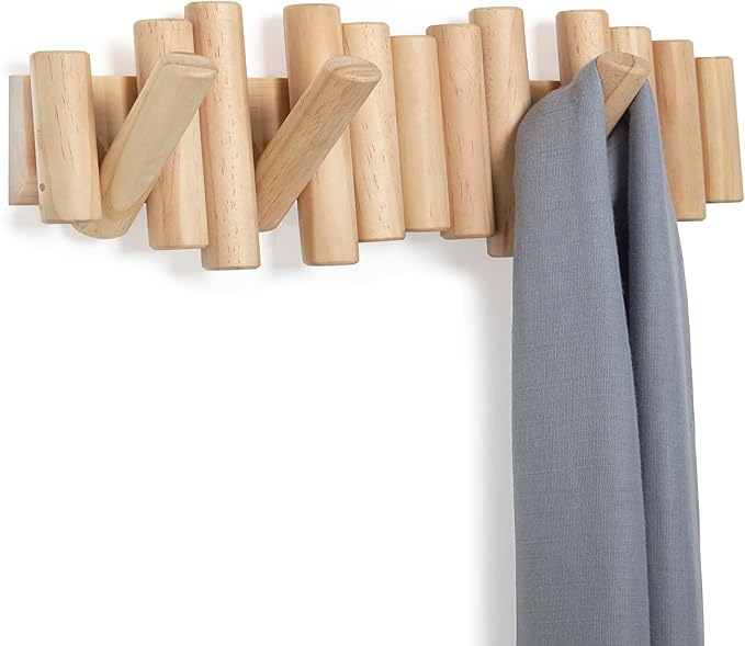 Umbra Picket Wall-Mounted Coat Rack Rail Hook with 5 Retractable Wood Pegs – Modern, Space-Saving Storage Organizer, Natural 