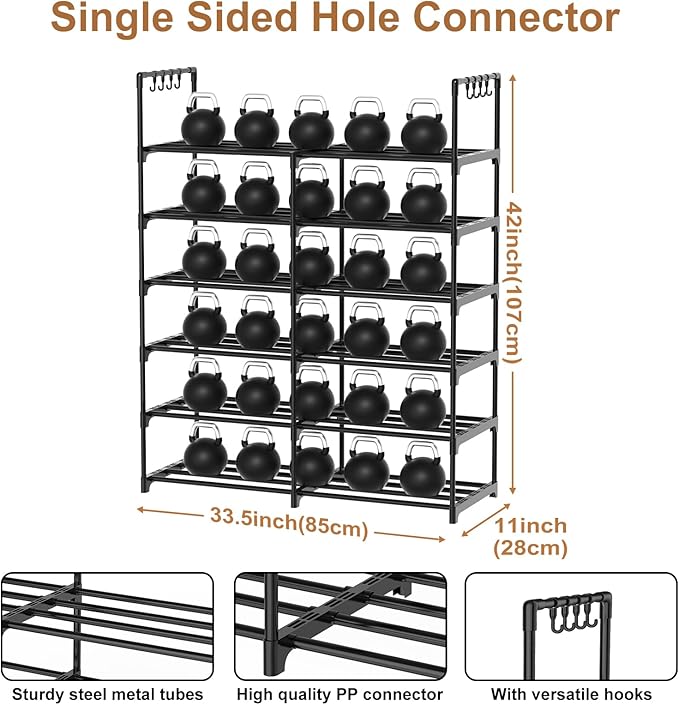 2-Row 6-Tier Stackable Shoe Rack, Black Metal Shoe Shelf with Multifunctional Hooks, Hold 24-30 Pairs, Space Saving Shoes Org