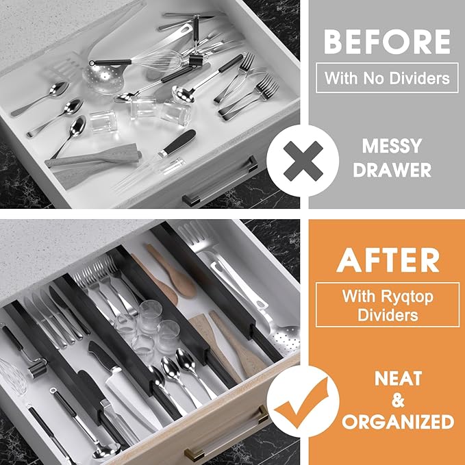 Bamboo Drawer Dividers Organizers, Kitchen Drawer Organizer, Adjustable Drawer Divider for Clothes, Kitchen, Dresser, Bedroom
