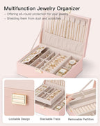VLANDO 2 Layer Jewelry Box Large Jewelry Organizer for Mothers Day Mom Gifts Jewelery Tray with Watch Pillow for Necklace Ear