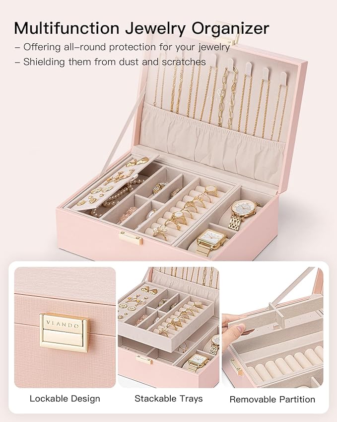 VLANDO 2 Layer Jewelry Box Large Jewelry Organizer for Mothers Day Mom Gifts Jewelery Tray with Watch Pillow for Necklace Ear