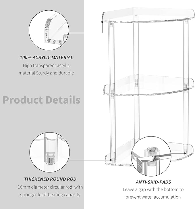 Sezanrpt 3 Tier Countertop Corner Organizer Shelf 7x7x15.7 Inch, Countertop Acrylic Bathroom Corner Shelf, Clear Vanity Stora