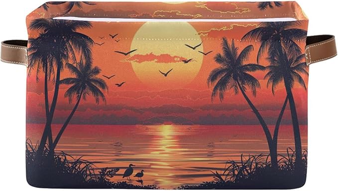 xigua Summer Palm Trees Storage Basket Collapsible Storage Bins Waterproof Canvas Storage Basket with Leather Handles for Hom