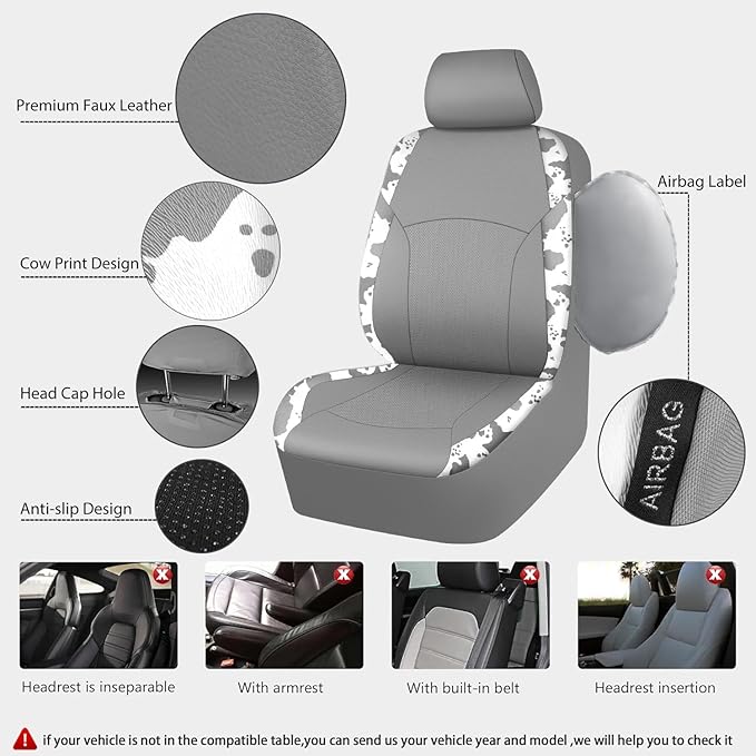 CAR PASS Cow Print Faux Leather Car Seat Covers & Cow Car Mats & Cow Steering Wheel Cover Seat Belt Pads Universal fit for SU