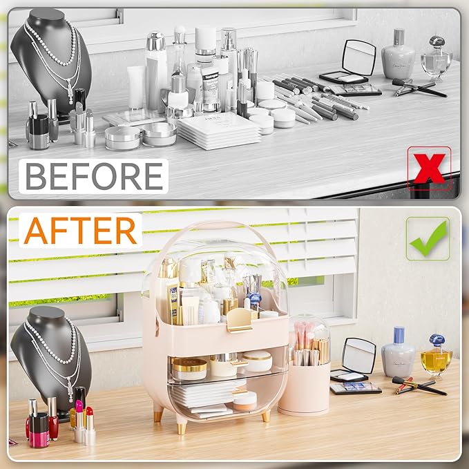 Yieach Countertop Makeup Organizer for Vanity,Large Capacity Skincare Organizers With Drawers and Makeup Brush Holder,Cosmeti