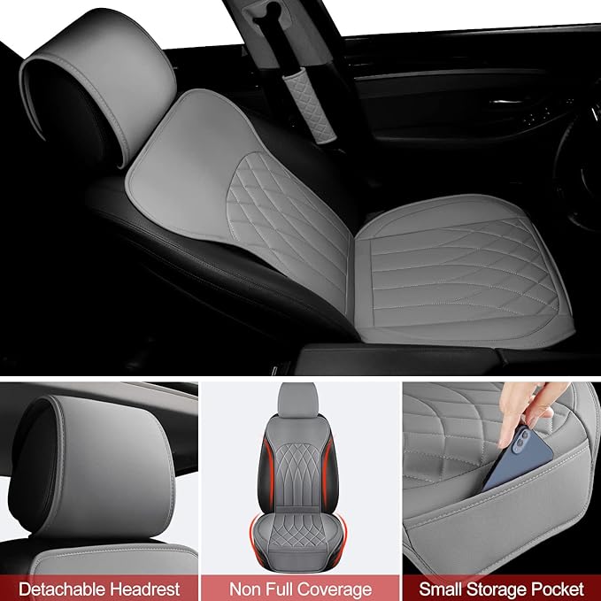 2 Pack Leather Front Car Seat Covers, Universal Sideless Car Seat Protectors with Storage Pocket and Seat Belt Pads, Waterpro