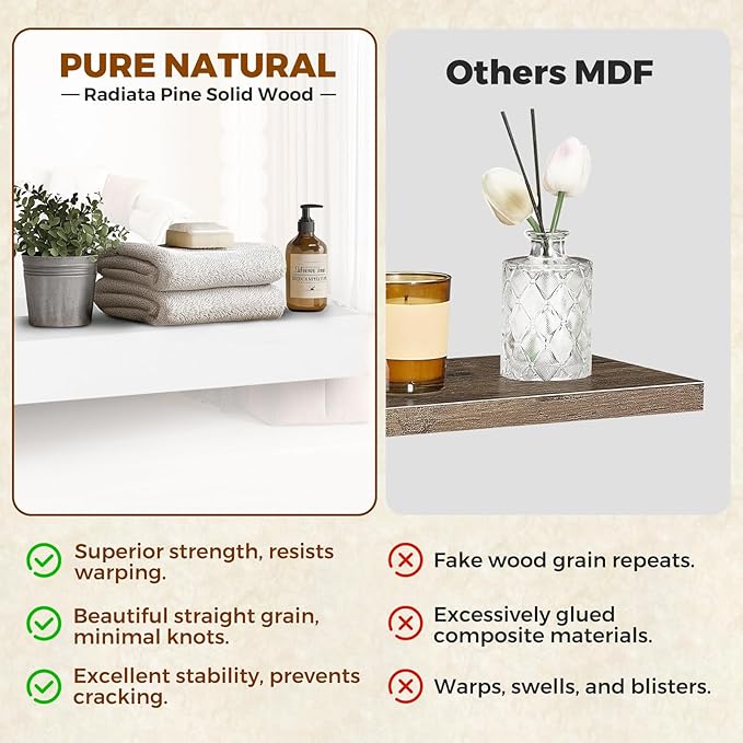 Floating Wall Shelf 16x6.8x1.7 Inch – Solid Wood Shelf in White Finish – Wall Mounted Rustic Display Organizer for Bathroom, 