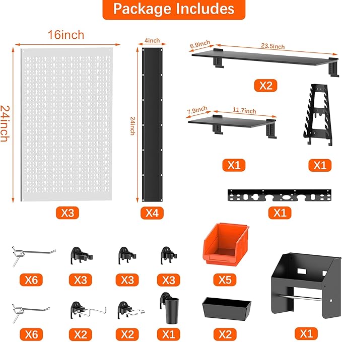 TORACK Pegboard Wall Organizer 4 ft. Garage Metal Pegboard Tool Organizer System, Tools Storage Peg Board Kit with Hooks and 