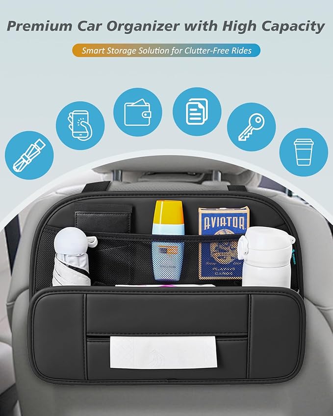 FLORICH Hanging Car Backseat Organizer, 5-in-1 Premium Leather Headrest Seat Back Storage with Cup Holder, Foldable Hanging Car Tissue Holder 2 Pack