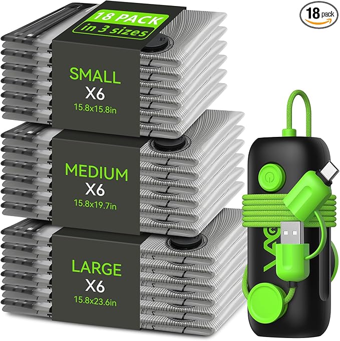 Vacuum Bags for Travel - USB Electric Pump, 18 Pack Carry-on Size Vacuum Seal Bags for Clothing - Space Saver Vacuum Storage 