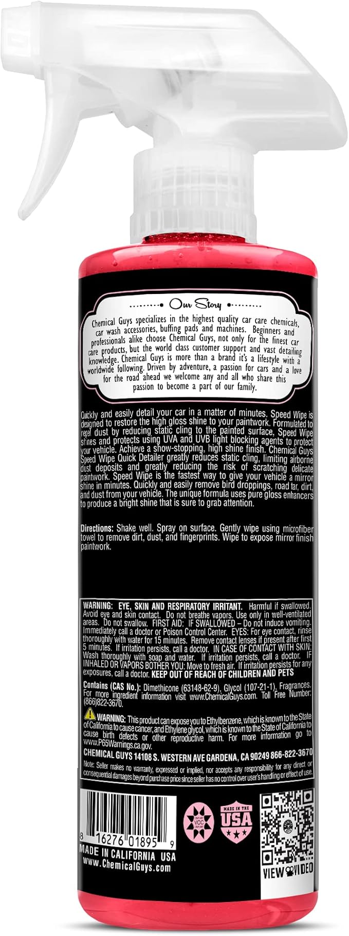 Chemical Guys WAC_202_1602 Speed Wipe Spray Gloss & Quick Detailer, Great for Cars, Trucks, SUVs, Motorcycles, RVs & More, Ch