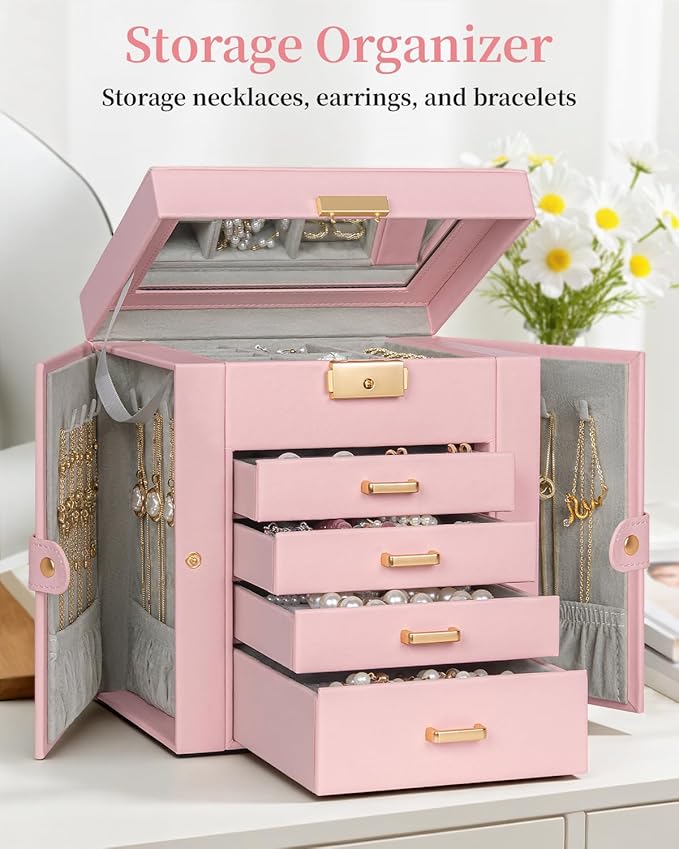 TORIBIO Jewelry Box for Women, Leather Jewelry Organizer with Mirror & Lock, 5-Tier Jewelry Storage Organizer with 4 Drawers 