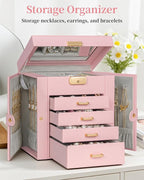TORIBIO Jewelry Box for Women, Leather Jewelry Organizer with Mirror & Lock, 5-Tier Jewelry Storage Organizer with 4 Drawers 