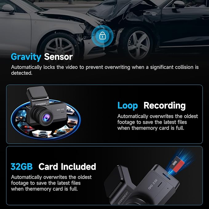 Dash Cam Front and Rear, 2.5K Dual Dash Camera for Cars, Car Camera with 3.16" IPS Screen, 170° Wide Angle, WDR Night Vision,