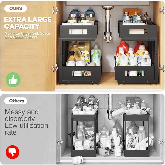 Under Sink Organizer, 2-Tier Dual Pull Out Cabinet Organizer Drawers With Smooth Circular Rail, Large Capacity Metal Mesh Sli