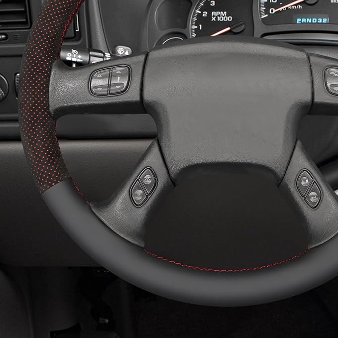 MEWANT Hand Stitched Steering Wheel Cover for Chevy Silverado 1500 2003-2006 Mesh Athsuede Real Leather Steering Wrap