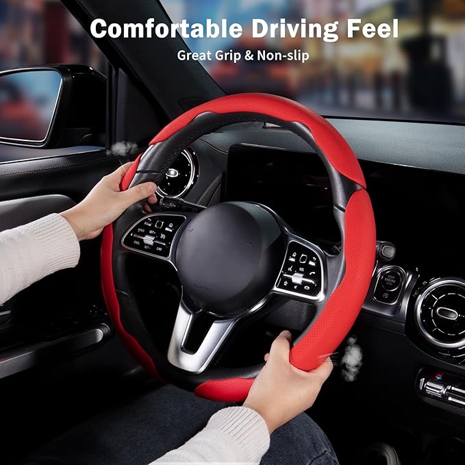 Nappa Leather Car Steering Wheel Cover for Men Women, Ultra-Thin Non-Slip Breathable Microfibre, Universal for 14.5"-15" Stee