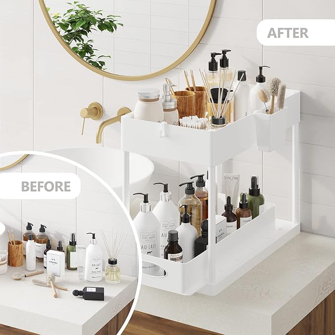 Under Sink Organizers and Storage, Bathroom Cabinet Organizer, Sink Shelf with Utility Hooks and Side Caddy for Under Cabinet