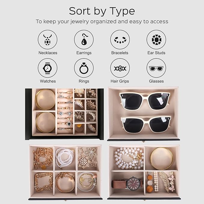 Dajasan Large Jewelry Box for Women, Jewelry Organizer Box with 3 Drawers, Jewelry Storage Organizer with Mirror for Necklace