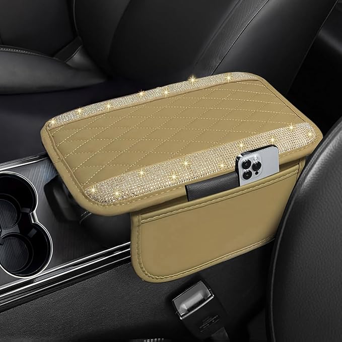NBTEPEM Bling Beige Car Center Console Cover, Leather Car Arm Rest Cover with 2 Storage Bags, Universal Auto Armrest Protector Storage Box, Bling Accessories Interior for Most Vehicles