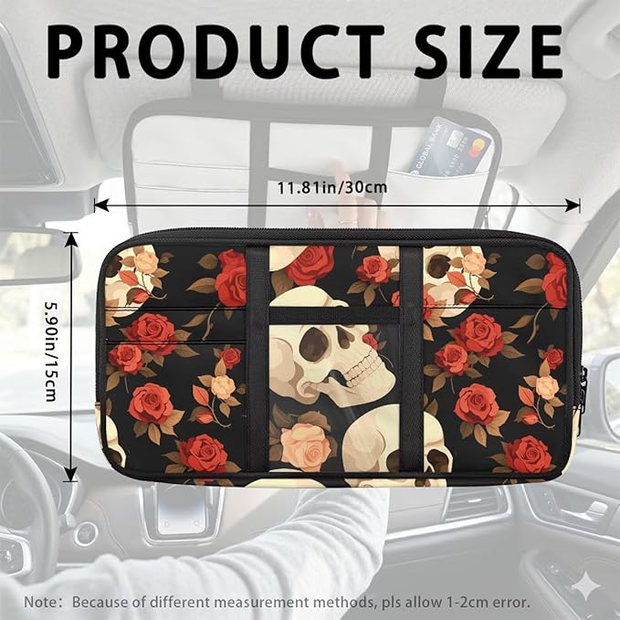 Car Sun Visor Organizer,Rose Skull Car Sun Storage Pocket Pouch Case Bag with Double Zippers Truck SUV Storage Pouch Holde