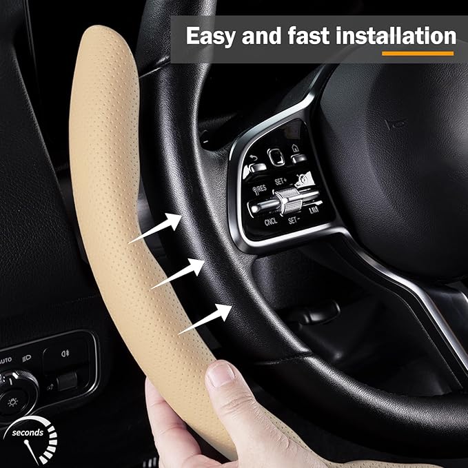 Car Steering Wheel Cover Leather Snap On 3Pcs Set Non-Slip Protector Wrap Steering Wheel Accessories 14.5-15 inch Universal B