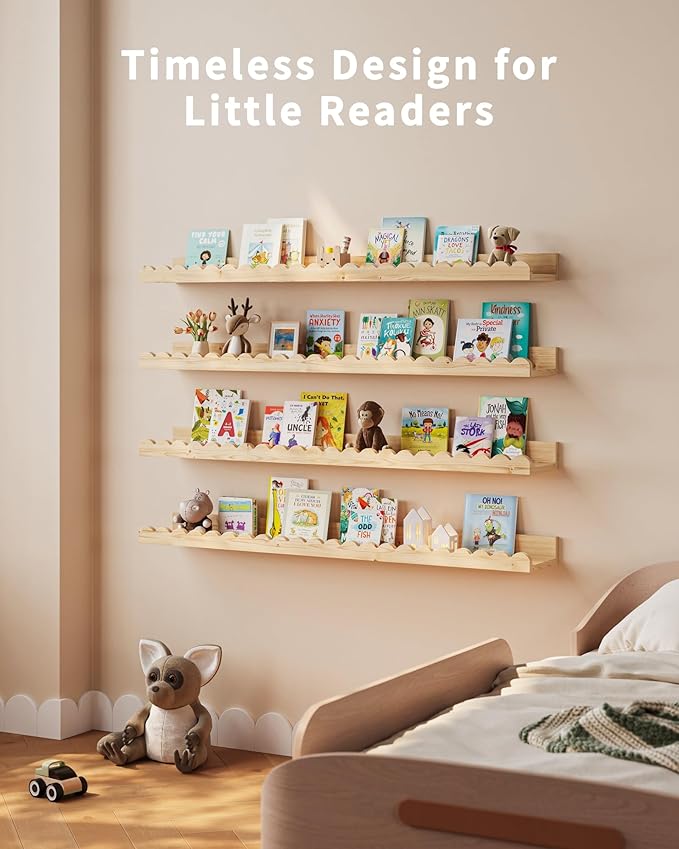 Shario Nursery Book Shelves, 4-Pack Wood Floating Shelves for Wall Kids, Scalloped Shelves, Wall Book Shelves for Bedroom Kid