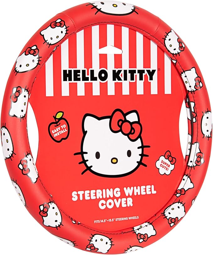 Hello Kitty Steering Wheel Cover by Sanrio, Universal Fit 14.5-15 Inch, Cute Red Car Accessories for Women, Soft Anti-Slip Grip Auto Protector