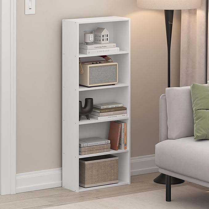 Furinno Basic Book Shelf, 5-Tier Bookshelf, Storage Organizer Bookcase with Open Shelf, 7 x 17 x 44, for Living Room, Bedroom