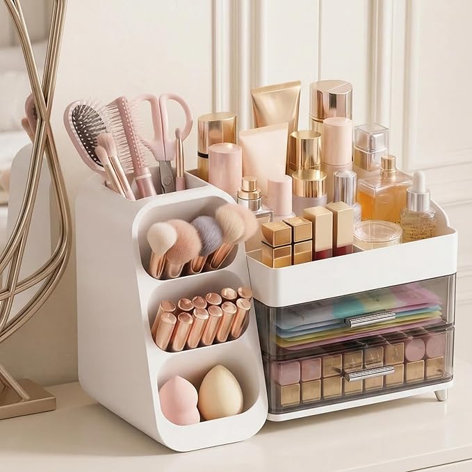 Large Capacity Makeup Organizer Countertop with Makeup Brush Holder for Vanity, Thickened Material, Bathroom Countertop Organ