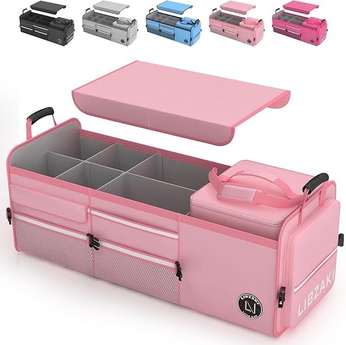 LIBZAKI Oversize 4 in 1 Car Trunk Storage Organizer, Multi Compartment Collapsible Trunk Storage Box with Cooler Bag for Car