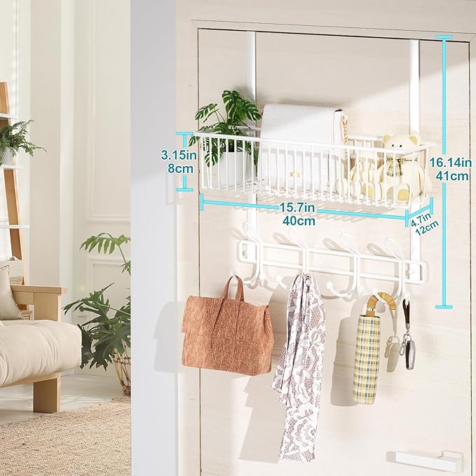 Kaiferty Over The Door Hooks Organizer,Door Hanger Door Storage with Basket,Over The Door Towel Rack Coat Hooks with 12 Hooks