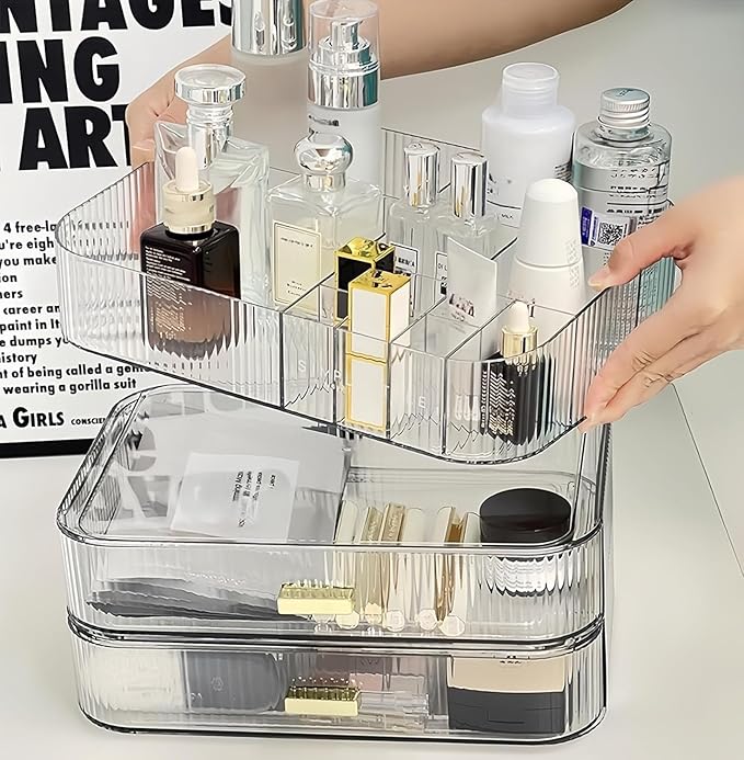 Clear Makeup Organizer for Vanity, Large Desk Organizer with Stackable Drawers for Cosmetics, Skincare, Lipsticks, Eyeshadow 