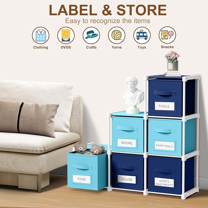 Geelin 6 Blue Cube Storage Organizer with Fabric Bins and Labels, 11 Inch Collapsible Toy Organizer Shelf Storage Bins Dresse