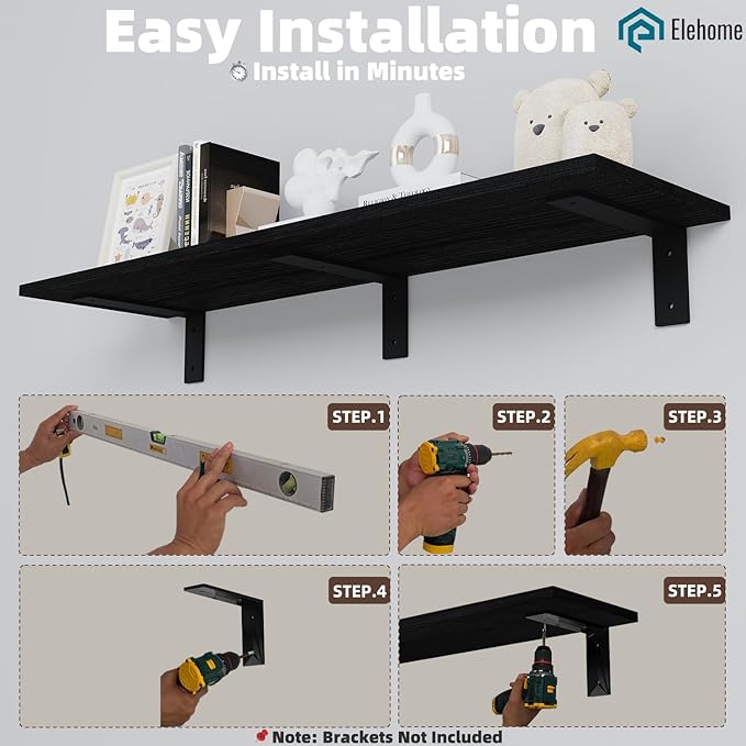 Floating Shelf Board for Wall 5/8" – No Brackets – 36" L x 12" W x 0.6" T Black Melamine Wood Floating Shelves for Bathroom, 