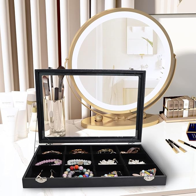 Wudygirl Jewelry Tray 12 Grid Jewelry Organizer with Clear Lid Bracelet Holder Organizer Display Case Removable, Black Velvet