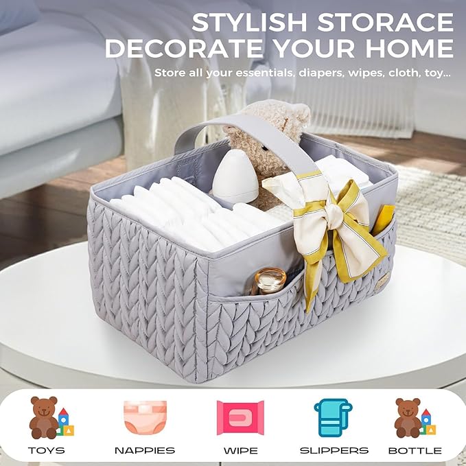 Luxurious Baby Diaper Caddy, Nursery Storage Basket for Newborn Boy and Girl, Travel Baby Basket for Diapers Baby Wipes, Orga