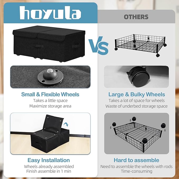 Under Bed Storage Container with Wheels, 2 Pack 10" High Deep Underbed Rolling Box Storage Bins Drawers with Lids for Bedroom