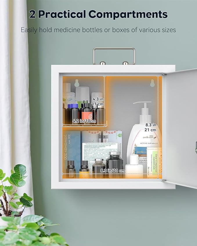 Uniclife Wall Mount Medicine Cabinet with Key Lock & Handle Locking First Aid Cabinet Lockable Medical Cabinet Medium Medicin