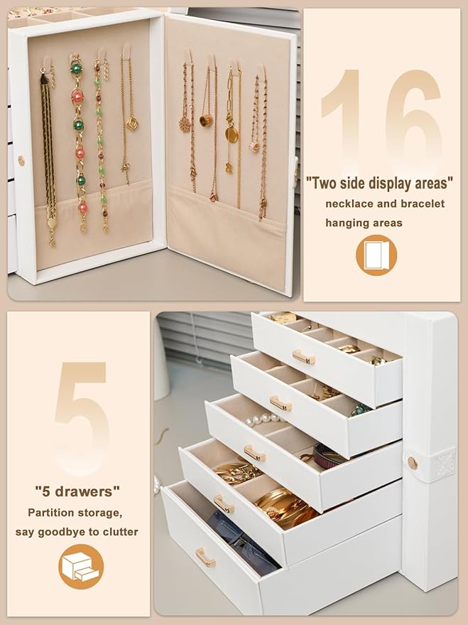 BOOVO Jewelry Box For women, 6 Layer Large Jewelry Organizer With Mirror, Multi-Function Storage Box With Lock, Necklace Hold