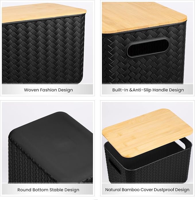 Ohmlove 4 Packs Storage Bins with Bamboo Lids - Plastic Storage Containers with Lids Stackable Storage Box: Storages Baskets 