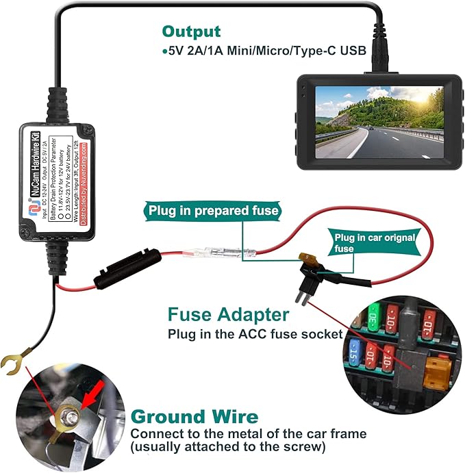 NUNET Type C Dash Cam Hardwire Kit, MicroUSB & Mini USB 15ft Power Cable with Low Voltage Protection, 11.9V Cut-Off, 4 Fuse Types (Mini/LP/ATO/Micro2), Universal Hard Wire Kit for Cars & Trucks