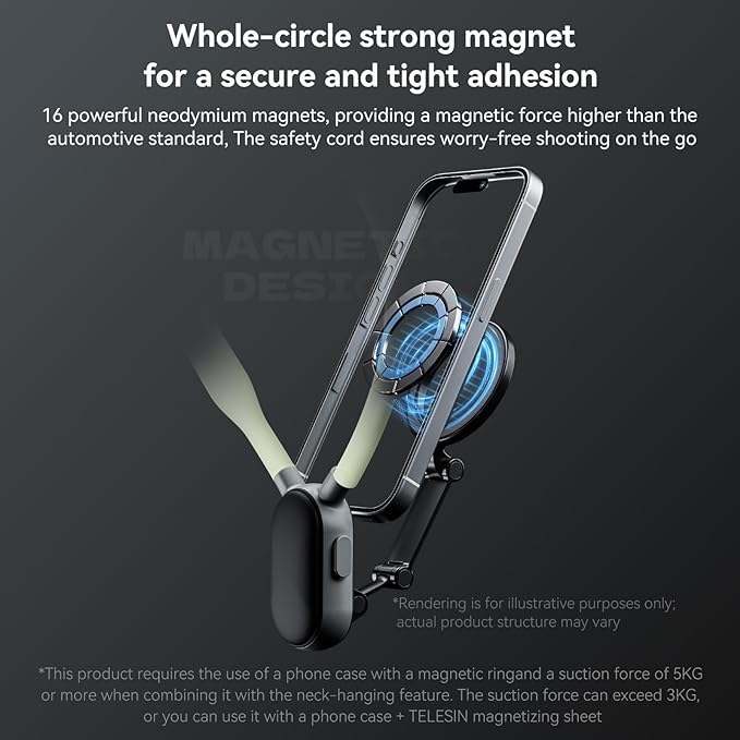 TELESIN Magnetic Neck Mount for Phones, Cell Phone Holder Stand Hanging on Neck POV/Vlog Selfie Hand Free Necklace Phone Strap Video Recording for iPhone 16 15 14 13 12 Seires Android Phones (Green)