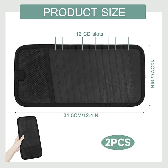 Sun Visor CD Holder, 12-Capacity Car Visor Organizer with DVD Sleeves and Mesh Pocket, Universal Visor Storage for Vehicle CD Case and Pen Holder Ergonomic Design (Black 2 Pcs)