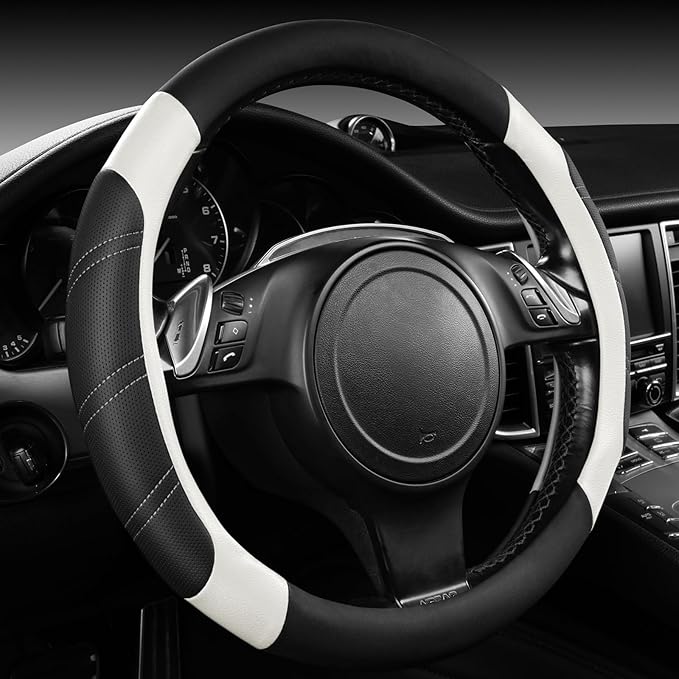 CAR PASS Leather Steering Wheel Cover and Waterproof Car Floor Mats, Microfiber Universal Car Combo Fit for 95% Sedan SUV Van