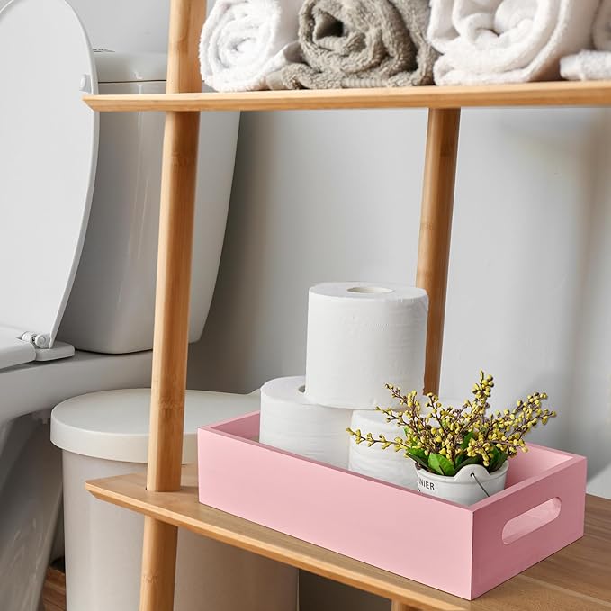 ALELION Pink Bathroom Basket for Organizing - Wooden Toilet Tank Paper Basket with Handle for Back of Toilet Tank Top Organiz