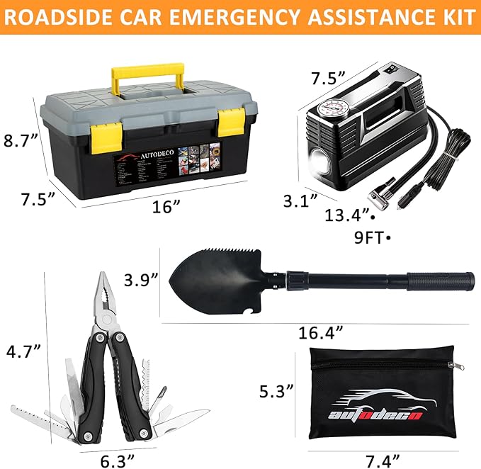 AUTODECO 98 PCS Roadside Car Emergency Assistance Kit with Portable Air Compressor Jumper Cables Safety Hammer All in One Pli