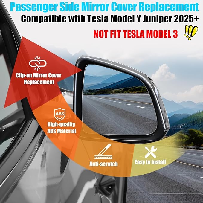 Jaronx Compatible with Tesla Model Y Juniper Mirror Cover Replacement 2025 2026, Right Passenger Side Clip-on Rear View Mirror Cover Cap for Model Y Juniper Accessories 1963539-D4-B (Solid Black)